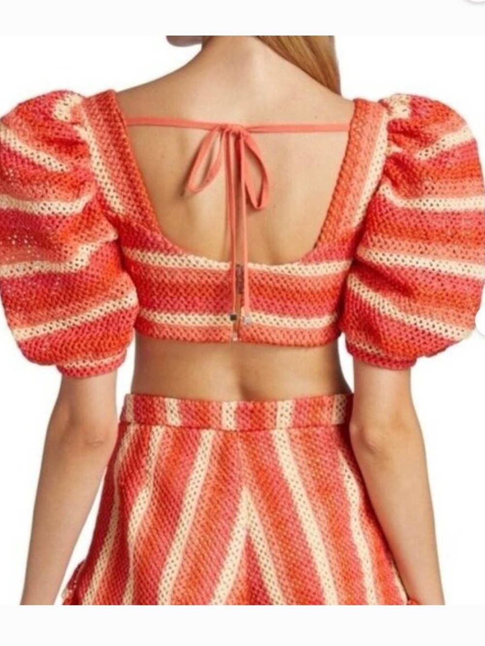 PatBO Orange and Cream Crochet Puff-Sleeve Crop Top & Ruffle Shorts Set - Picture 3 of 16